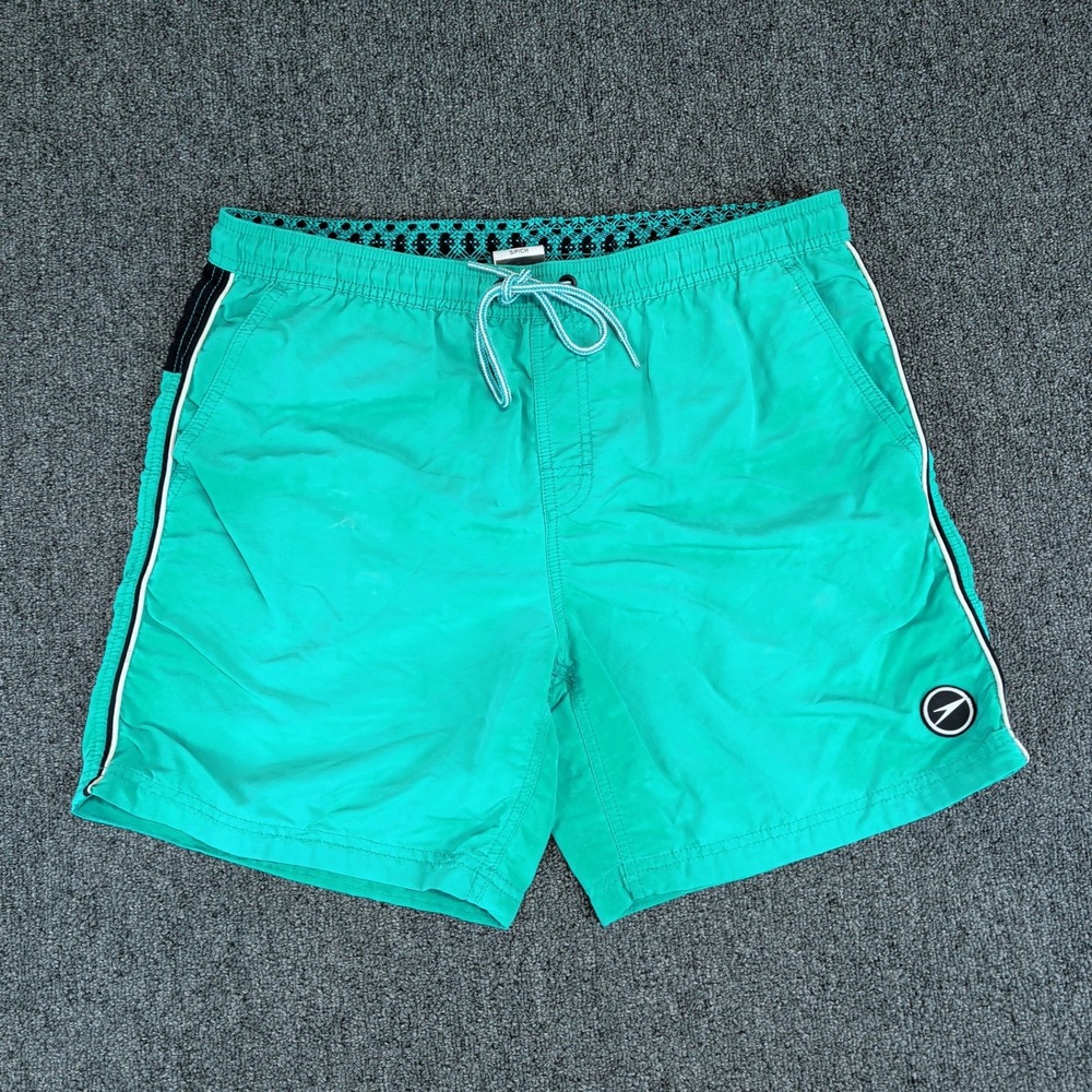 Speedo Sport Swim Trunks Mens Small Teal Green‎ Black Striped Nylon Board Shorts
